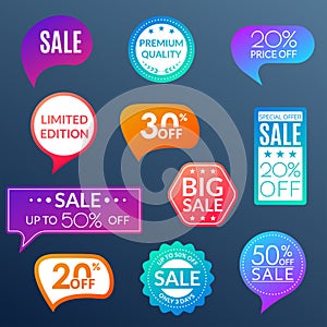 Sale sticker or label set. Price off tag and badge collection with colorful gradient. Discount and promotion icons. Vector